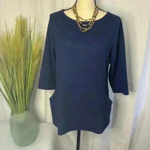 Chico's 1P Women's Tunic Top Navy Blue Textured  3/4 Sleeve Pockets Chicos PM